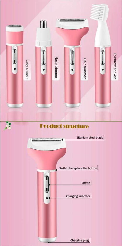 Rechargeable Electric Shaver 4 in 1 Rechargeable Hair Trimmer Hair Removal Machine Epilator Eyebrow Nose Trimmer Razor for Girls and Women Kemei KM-6637