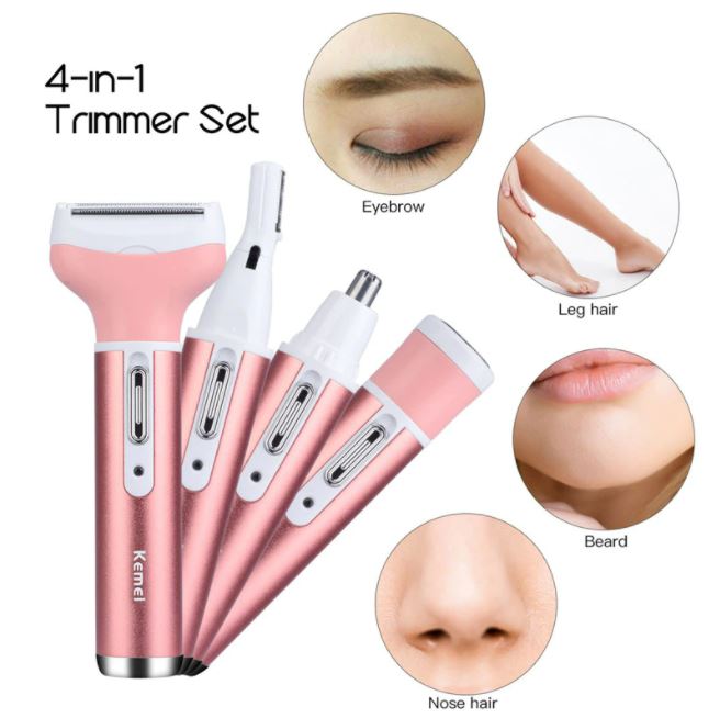 Rechargeable Electric Shaver 4 in 1 Rechargeable Hair Trimmer Hair Removal Machine Epilator Eyebrow Nose Trimmer Razor for Girls and Women Kemei KM-6637