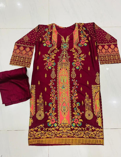 3D Block Printed ARABIC Linen 2 Pcs Ready to Wear for Girls and women