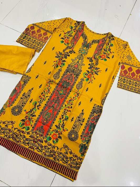 3D Block Printed ARABIC Linen 2 Pcs Ready to Wear for Girls and women