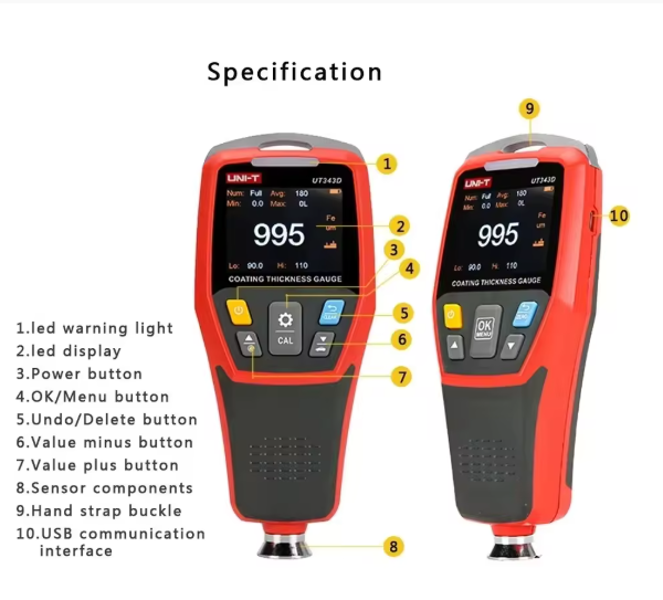 UNI-T UT343A UT343D Car Paint Coating Thickness Gauge Digital Meter FE NFE Tester for Automotive Metal Ceramic Coating Thickness